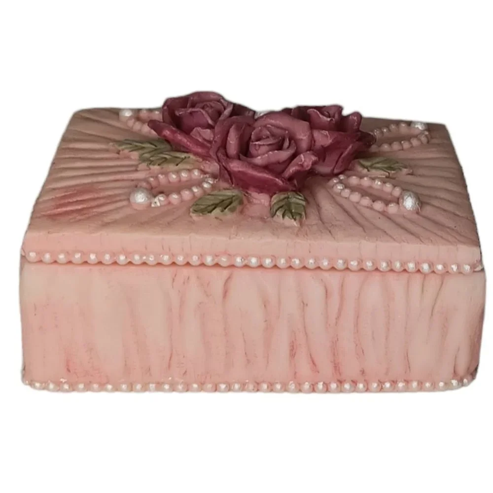 Dezine Pink Rose Pearl Ceramic Trinket Jewelry Box Vintage